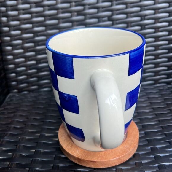 Blue and White Checkered Mug with Wooden Coaster - Picture 8 of 11